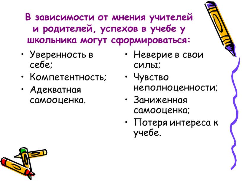 В зависимости от мнения учителей и родителей, успехов в учебе у школьника могут сформироваться: