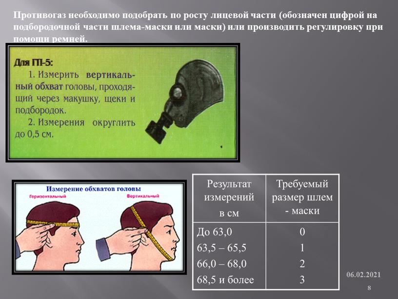 Противогаз необходимо подобрать по росту лицевой части (обозначен цифрой на подбородочной части шлема-маски или маски) или производить регулировку при помощи ремней