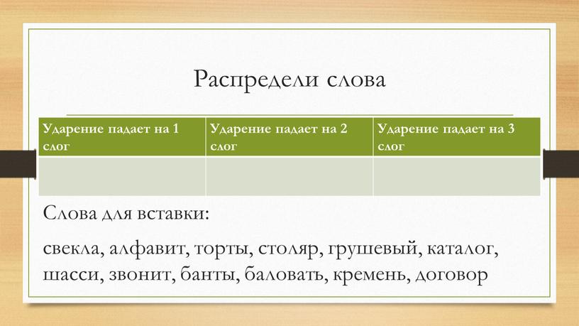 Распредели слова Слова для вставки: свекла, алфавит, торты, столяр, грушевый, каталог, шасси, звонит, банты, баловать, кремень, договор