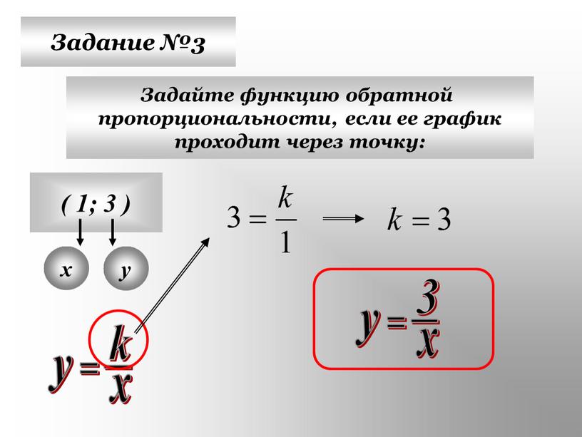 Задание №3 Задайте функцию обратной пропорциональности, если ее график проходит через точку: ( 1; 3 ) х у