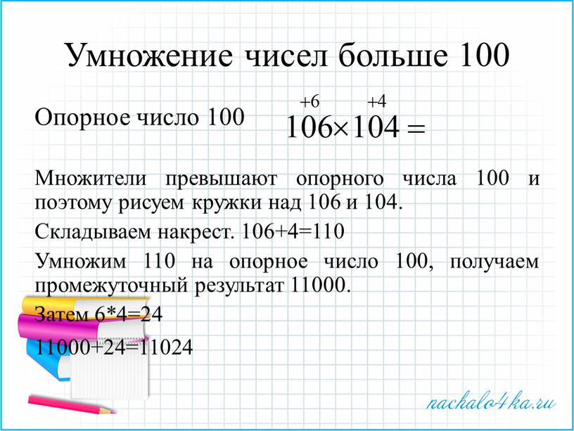 Умножение чисел больше 100 Опорное число 100