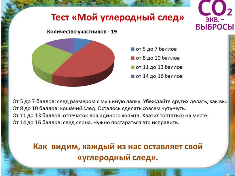 Тест «Мой углеродный след» От 5 до 7 баллов: след размером с мушиную лапку