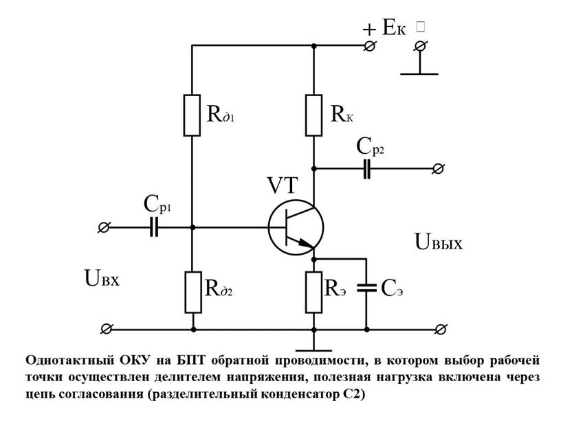 Однотактный ОКУ на БПТ обратной проводимости, в котором выбор рабочей точки осуществлен делителем напряжения, полезная нагрузка включена через цепь согласования (разделительный конденсатор