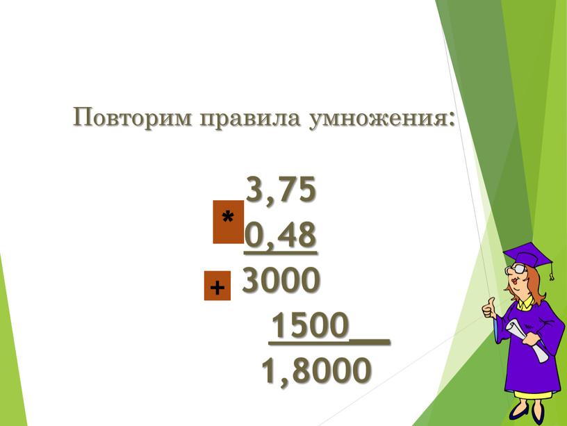 Повторим правила умножения: 3,75 0,48 3000 1500__ 1,8000 + *