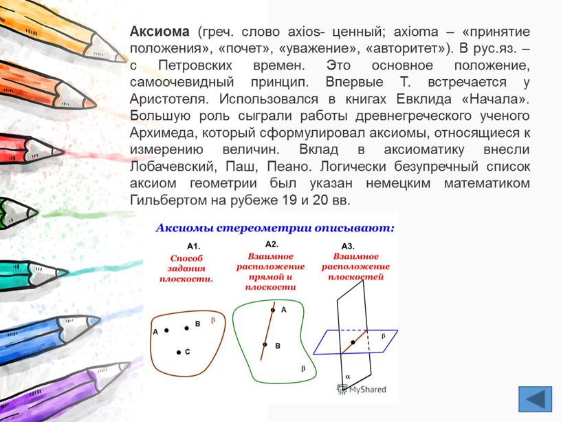 Аксиома (греч. слово axios- ценный; axioma – «принятие положения», «почет», «уважение», «авторитет»)