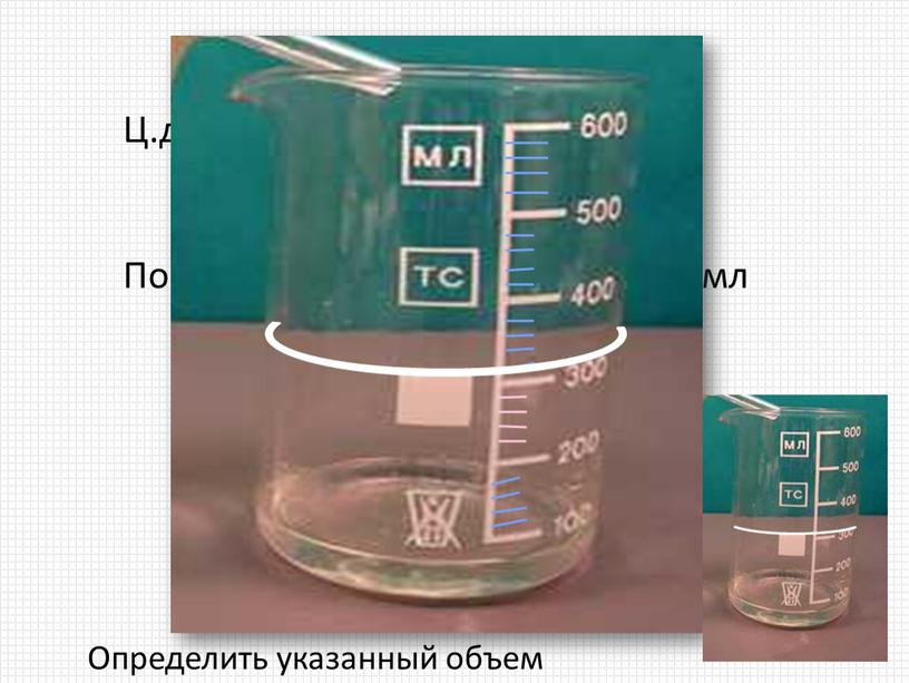 Ц.д. = ────── = 20 мл Показания (V) = 300 + 1* 20 = 320 мл 300 – 200 5