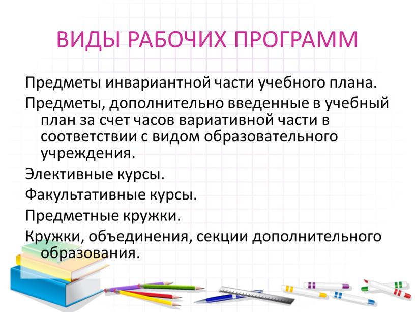 ВИДЫ РАБОЧИХ ПРОГРАММ Предметы инвариантной части учебного плана