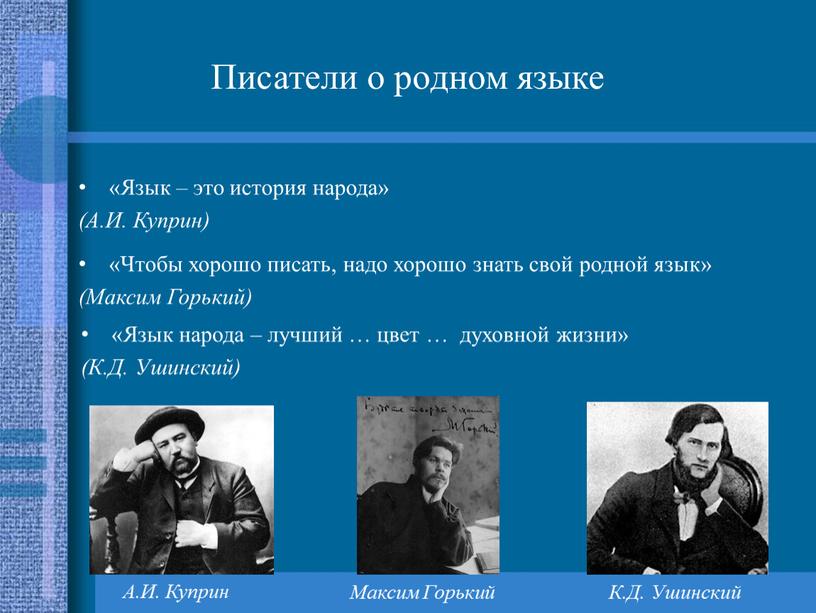 Писатели о родном языке «Чтобы хорошо писать, надо хорошо знать свой родной язык» (Максим