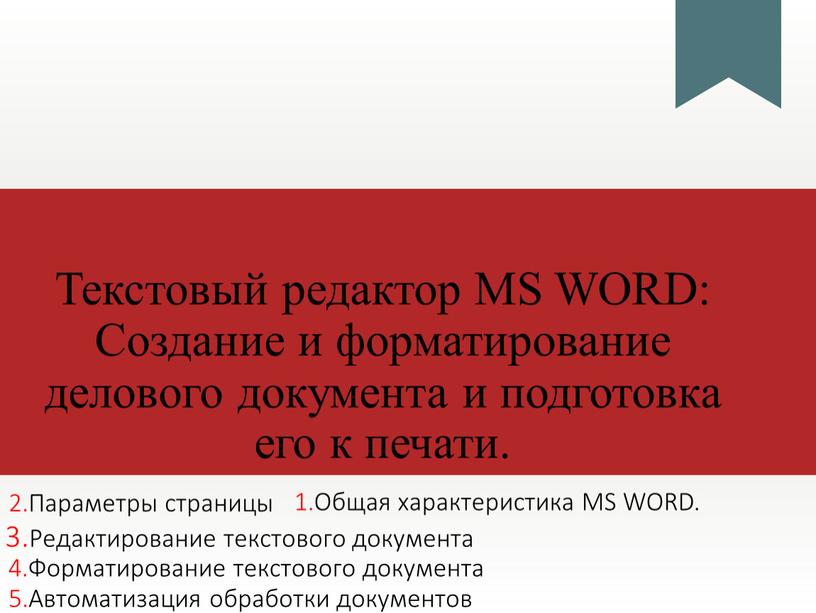 Текстовый редактор MS WORD: Создание и форматирование делового документа и подготовка его к печати