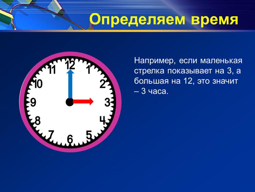 Определяем время Например, если маленькая стрелка показывает на 3, а большая на 12, это значит – 3 часа