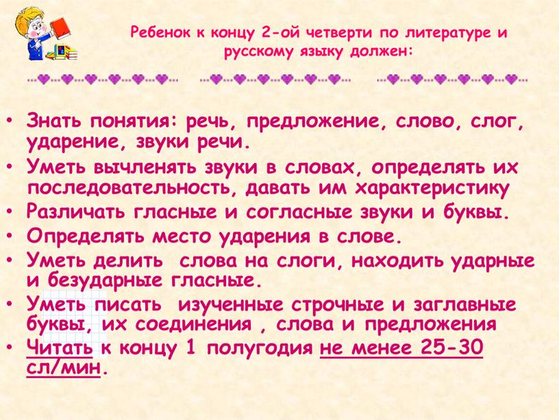 Ребенок к концу 2-ой четверти по литературе и русскому языку должен: