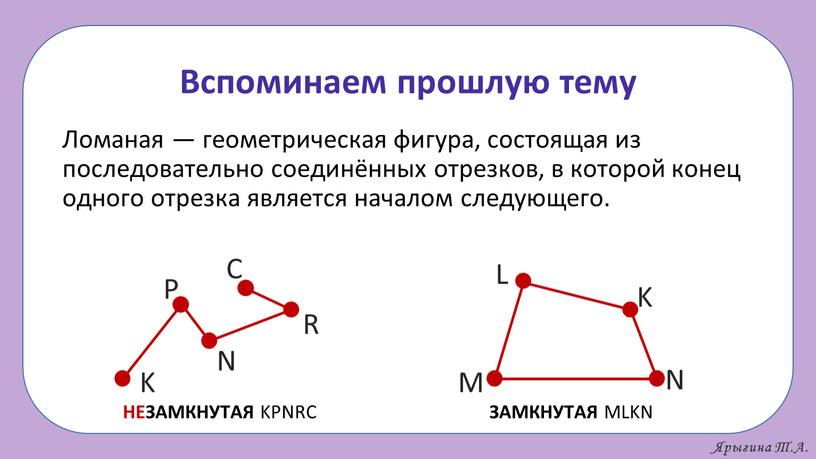 Вспоминаем прошлую тему Ломаная — геометрическая фигура, состоящая из последовательно соединённых отрезков, в которой конец одного отрезка является началом следующего