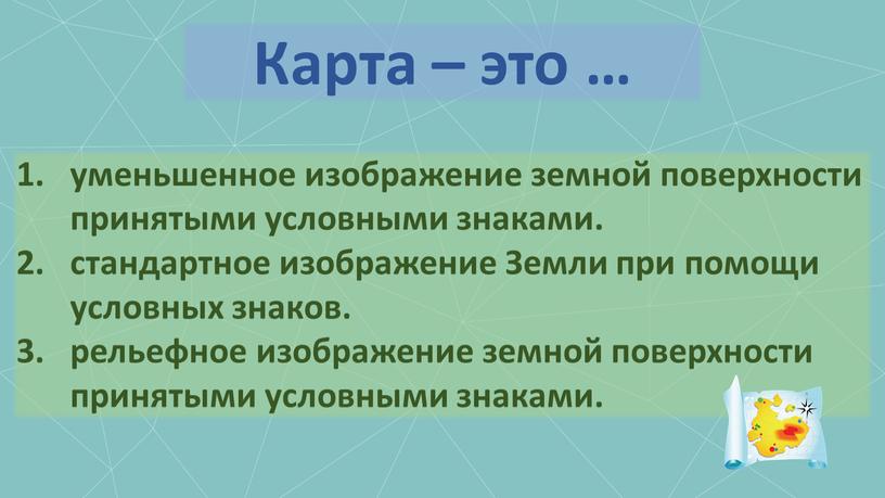 Карта – это … уменьшенное изображение земной поверхности принятыми условными знаками