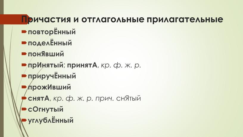 Причастия и отглагольные прилагательные повторЁнный поделЁнный понЯвший прИнятый ; принятА , кр