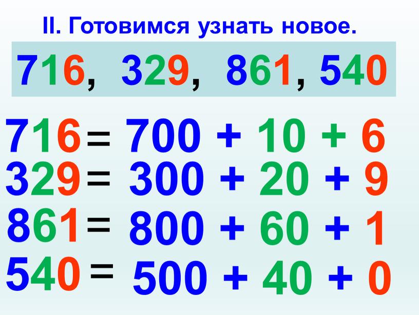 II. Готовимся узнать новое. 716, 329, 861, 540 716 329 861 540 = = = = 700 + 10 + 6 300 + 20 +…