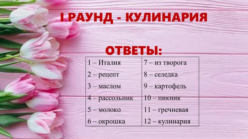 I РАУНД - КУЛИНАРИЯ ОТВЕТЫ: 1 –