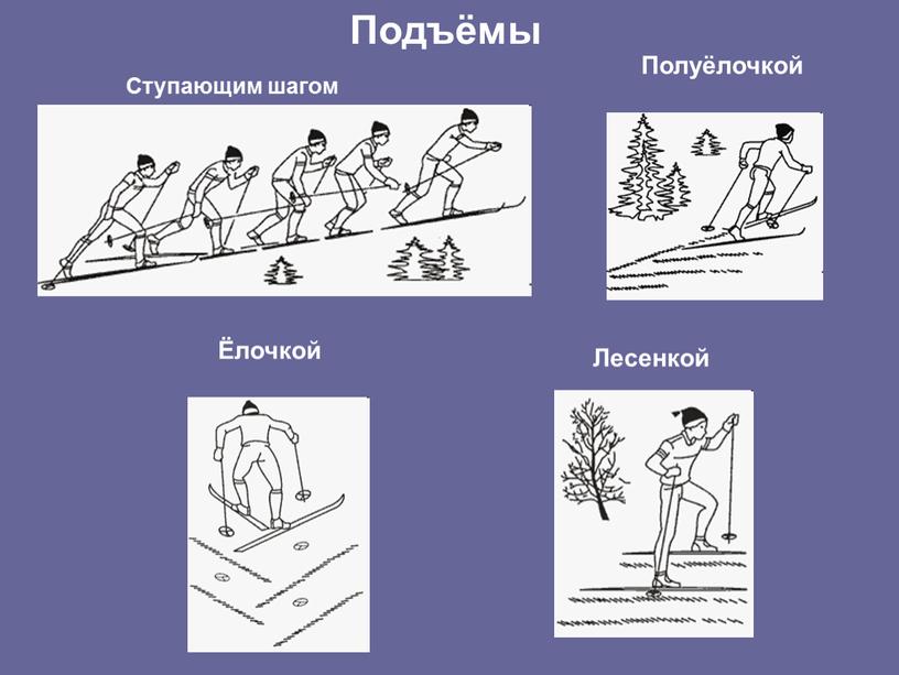 Подъёмы Ступающим шагом Полуёлочкой Ёлочкой