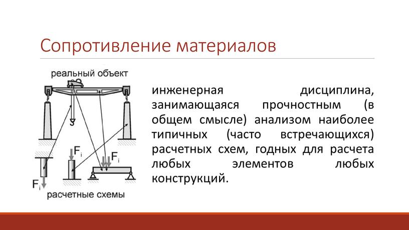 Сопротивление материалов инженерная дисциплина, занимающаяся прочностным (в общем смысле) анализом наиболее типичных (часто встречающихся) расчетных схем, годных для расчета любых элементов любых конструкций