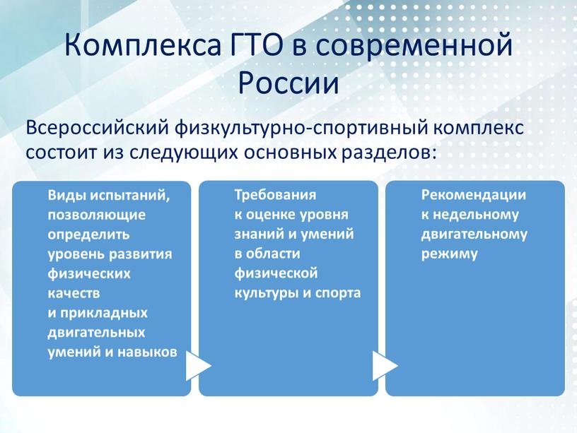 Всероссийский физкультурно-спортивный комплекс состоит из следующих основных разделов: