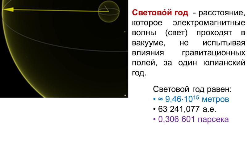 Светово́й год - расстояние, которое электромагнитные волны (свет) проходят в вакууме, не испытывая влияния гравитационных полей, за один юлианский год