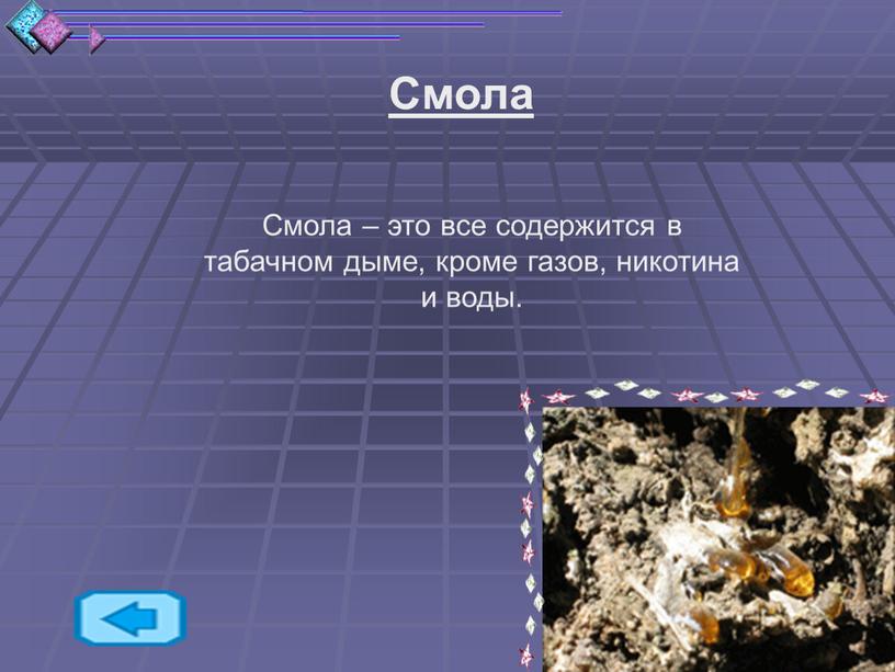 Смола Смола – это все содержится в табачном дыме, кроме газов, никотина и воды