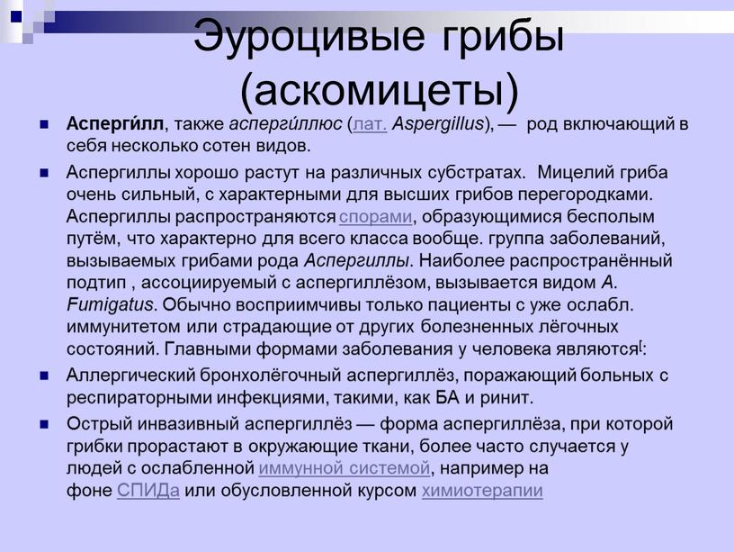 Эуроцивые грибы (аскомицеты) Асперги́лл , также асперги́ллюс (лат