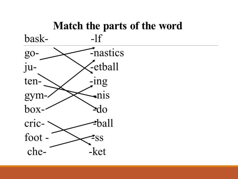 Match the parts of the word bask- -lf go- -nastics ju- -etball ten- -ing gym- -nis box- -do cric- -ball foot - -ss che- -ket