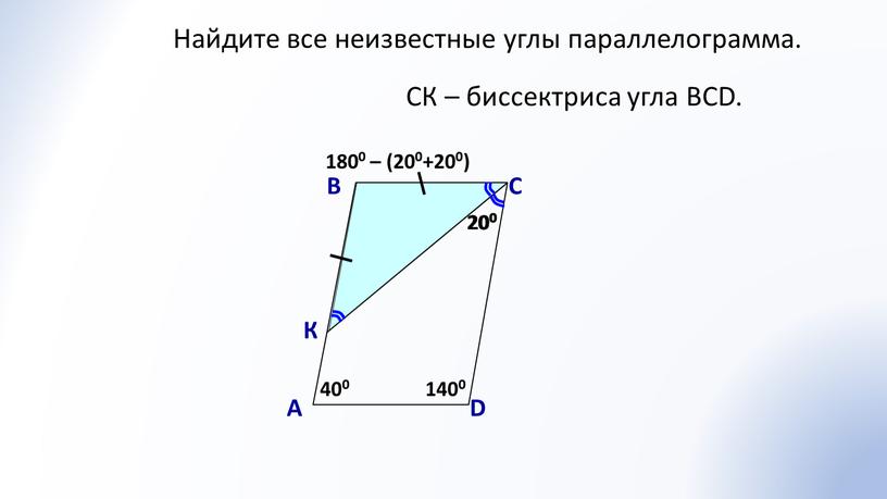 Найдите все неизвестные углы параллелограмма