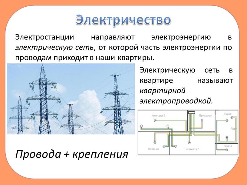 Электричество Электростанции направляют электроэнергию в электрическую сеть , от которой часть электроэнергии по проводам приходит в наши квартиры