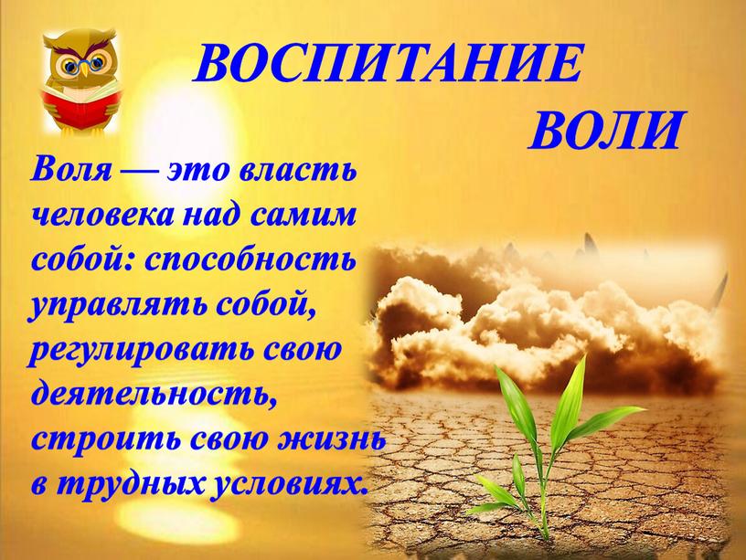 Воля — это власть человека над самим собой: способность управлять собой, регулировать свою деятельность, строить свою жизнь в трудных условиях