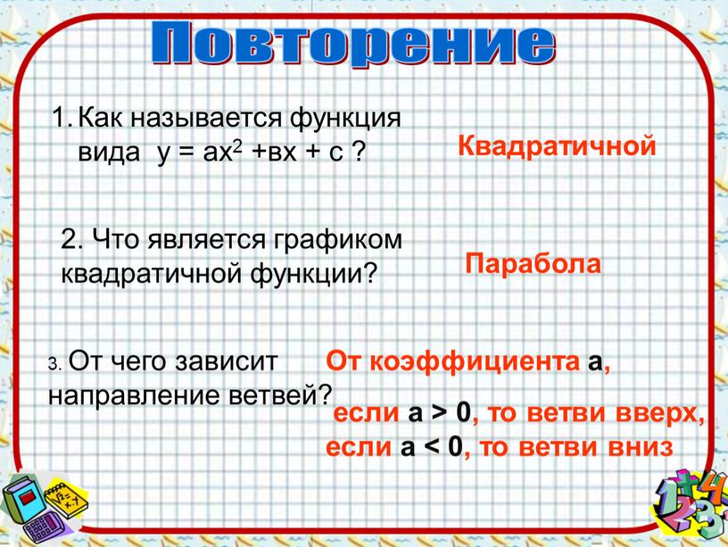 Как называется функция вида у = ах2 +вх + с ?