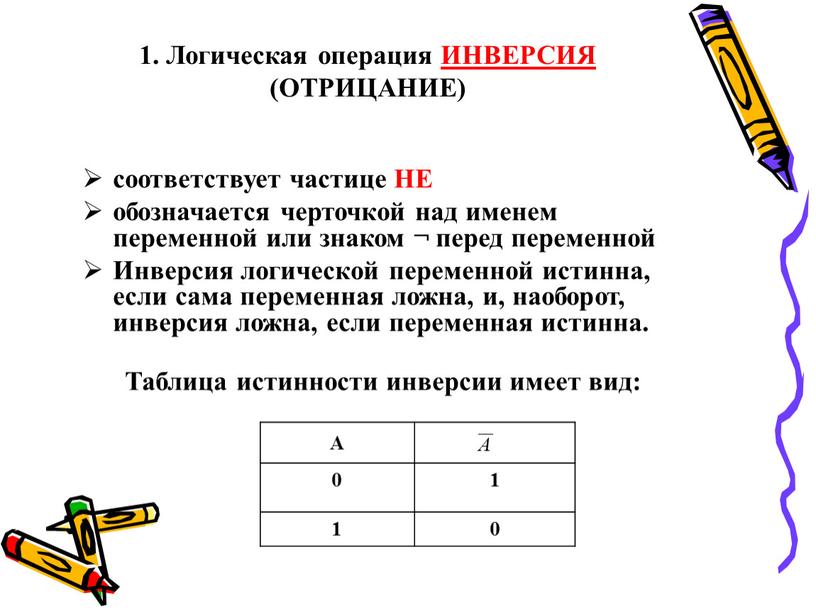 Логическая операция ИНВЕРСИЯ (ОТРИЦАНИЕ) соответствует частице