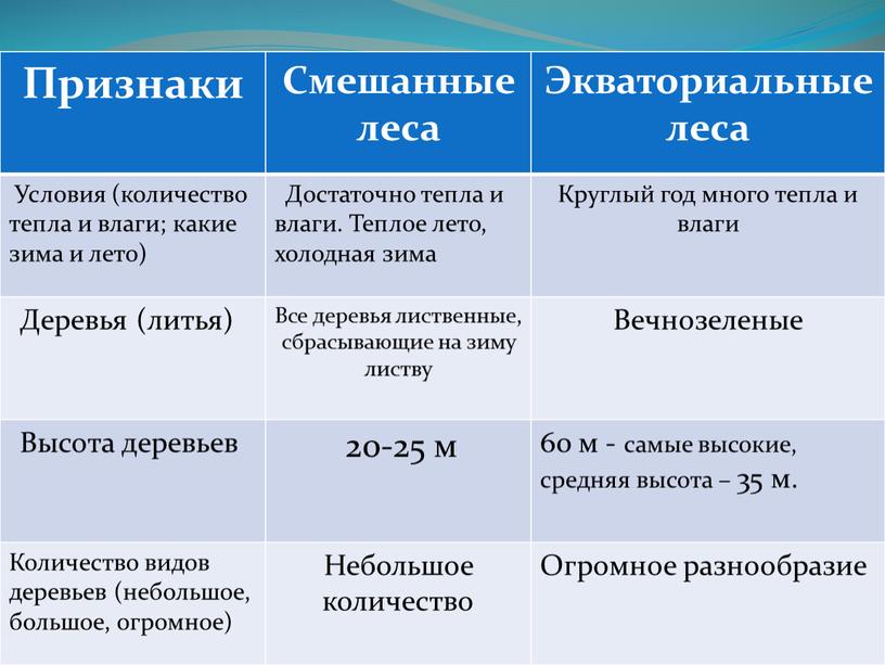 Признаки Смешанные леса Экваториальные леса