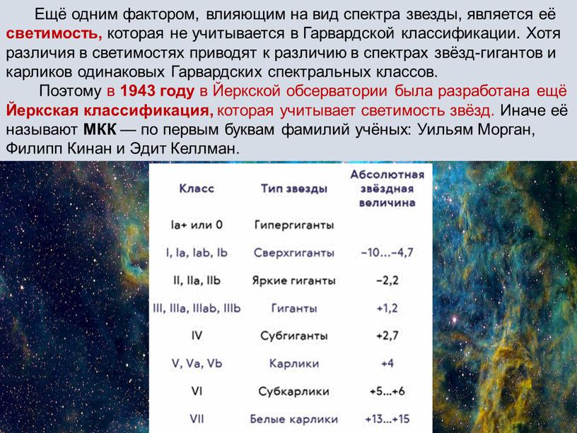 Ещё одним фактором, влияющим на вид спектра звезды, является её светимость, которая не учитывается в