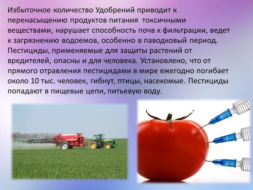 Избыточное количество Удобрений приводит к перенасыщению продуктов питания токсичными веществами, нарушает способность почв к фильтрации, ведет к загрязнению водоемов, особенно в паводковый период