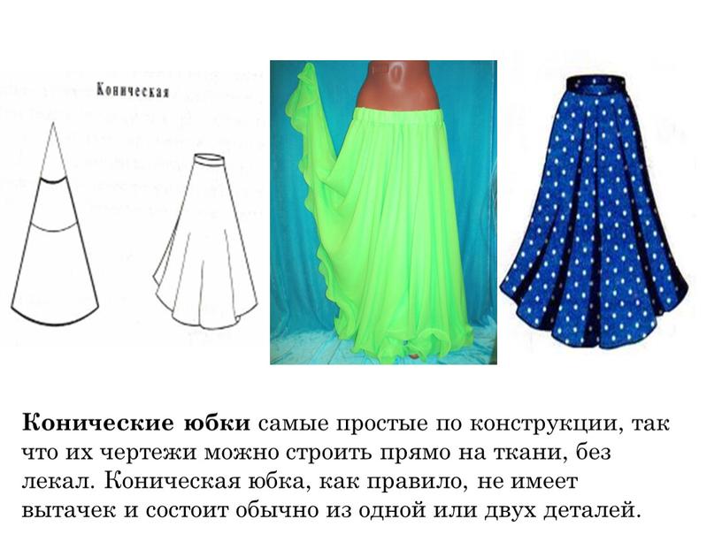 Конические юбки самые простые по конструкции, так что их чертежи можно строить прямо на ткани, без лекал