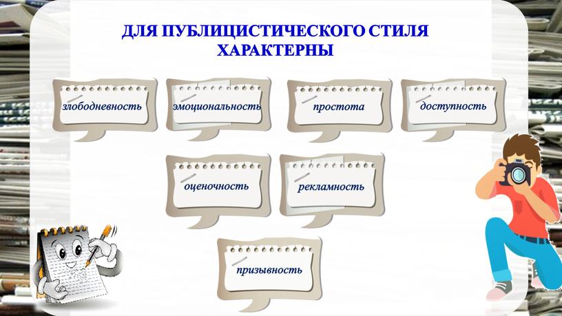 ДЛЯ ПУБЛИЦИСТИЧЕСКОГО СТИЛЯ ХАРАКТЕРНЫ злободневность эмоциональность простота доступность оценочность рекламность призывность