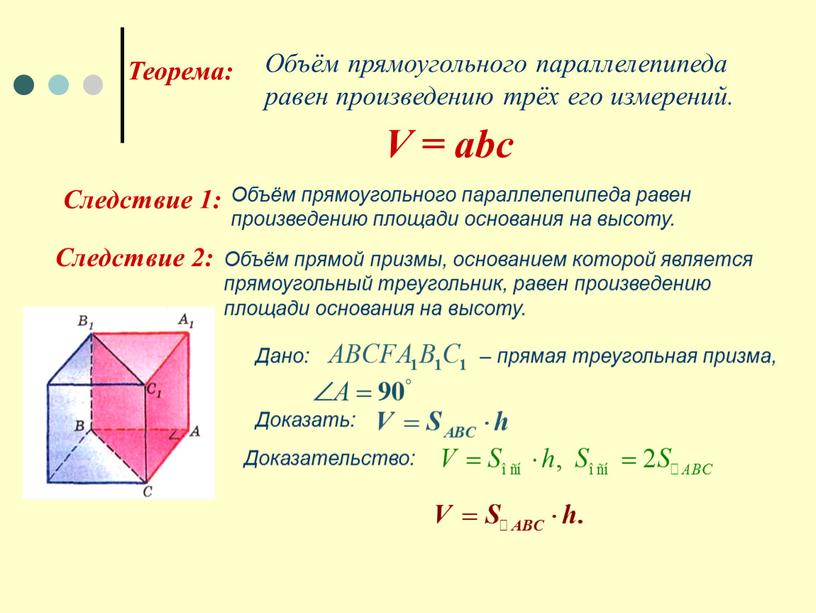 Теорема: Объём прямоугольного параллелепипеда равен произведению трёх его измерений
