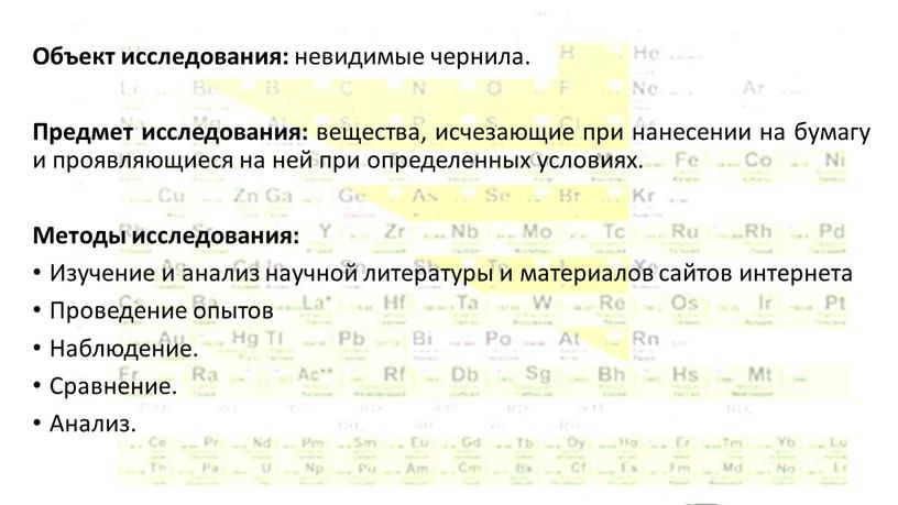 Объект исследования: невидимые чернила