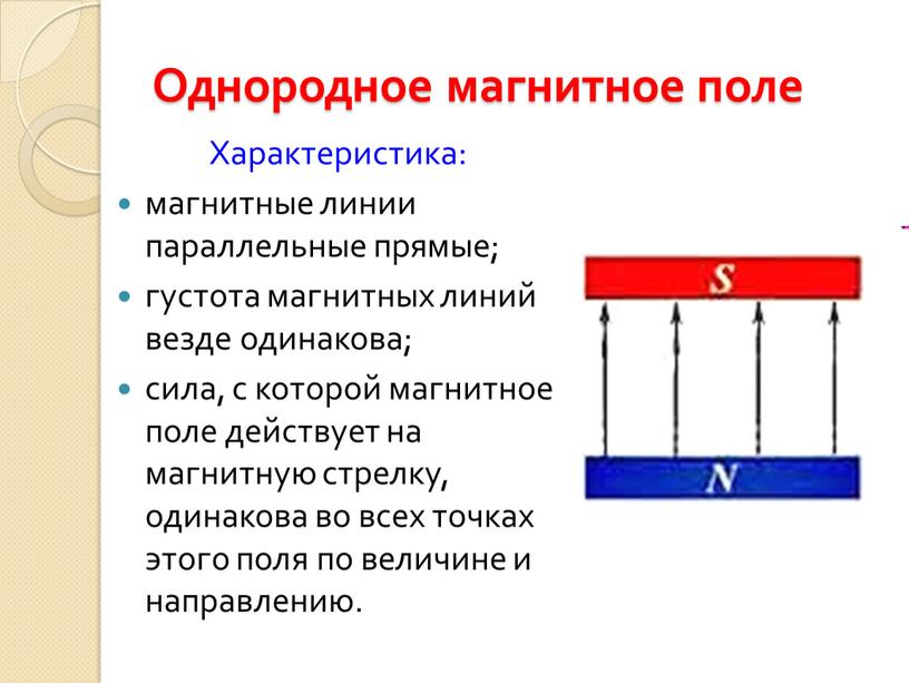 Однородное магнитное поле Характеристика: магнитные линии параллельные прямые; густота магнитных линий везде одинакова; сила, с которой магнитное поле действует на магнитную стрелку, одинакова во всех…