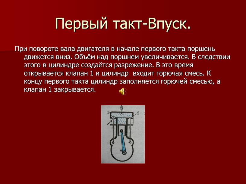 Первый такт-Впуск. При повороте вала двигателя в начале первого такта поршень движется вниз