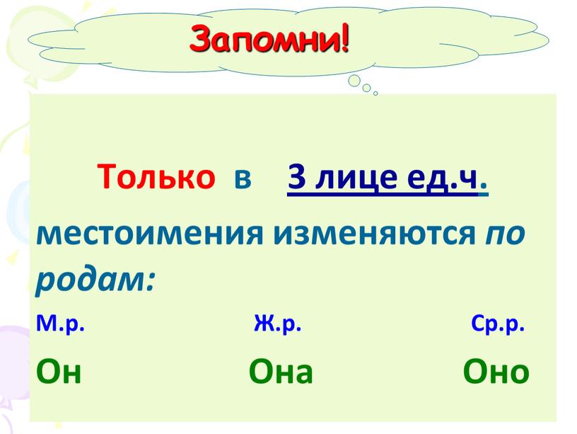 Только в 3 лице ед.ч. местоимения изменяются по родам: