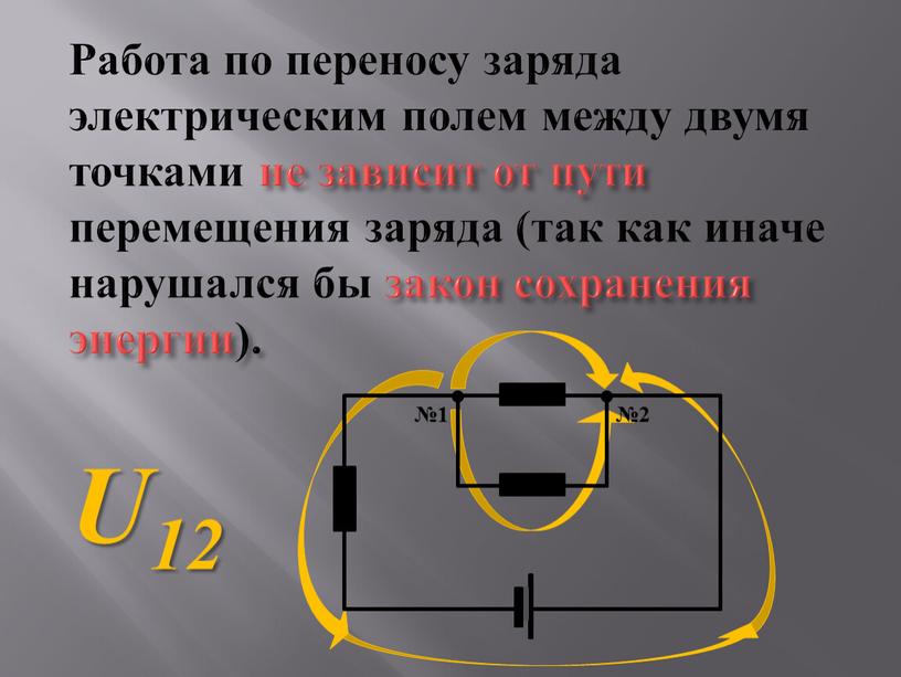 Работа по переносу заряда электрическим полем между двумя точками не зависит от пути перемещения заряда (так как иначе нарушался бы закон сохранения энергии)