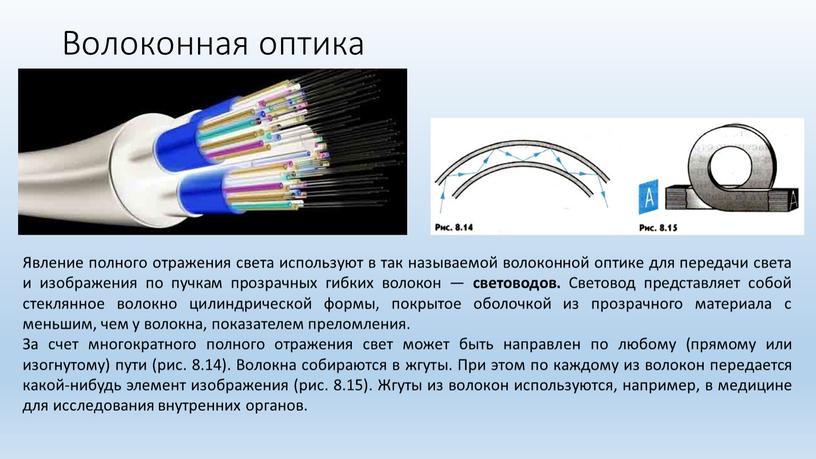 Волоконная оптика Явление полного отражения света используют в так называемой волоконной оптике для передачи света и изображения по пучкам прозрачных гибких волокон — световодов