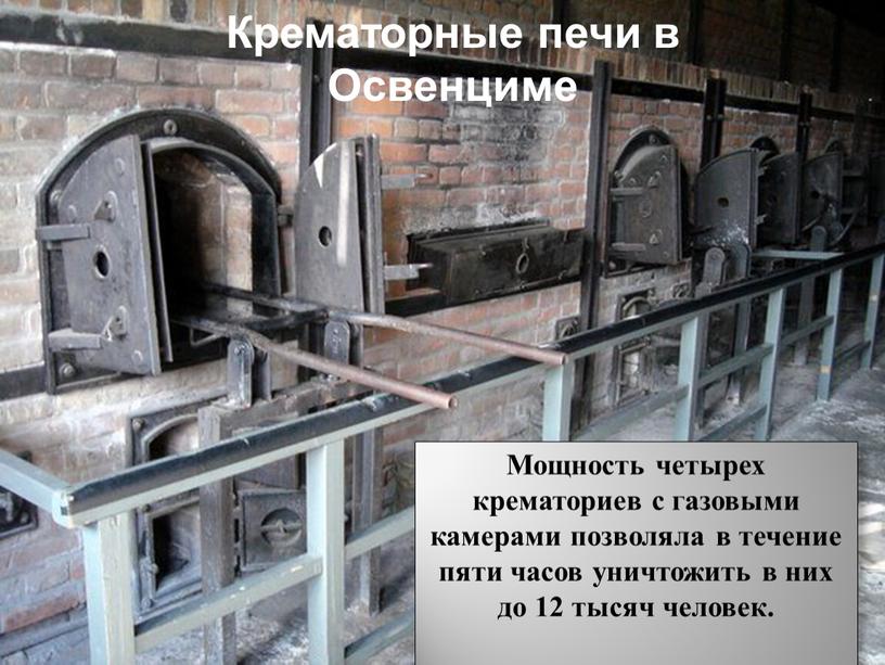 Крематорные печи в Освенциме Мощность четырех крематориев с газовыми камерами позволяла в течение пяти часов уничтожить в них до 12 тысяч человек