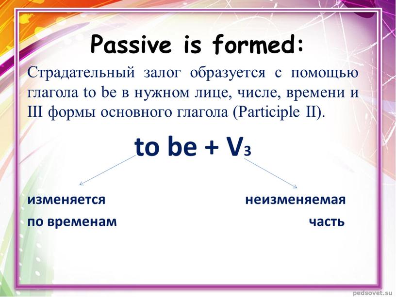 Passive is formed: Страдательный залог образуется с помощью глагола to be в нужном лице, числе, времени и