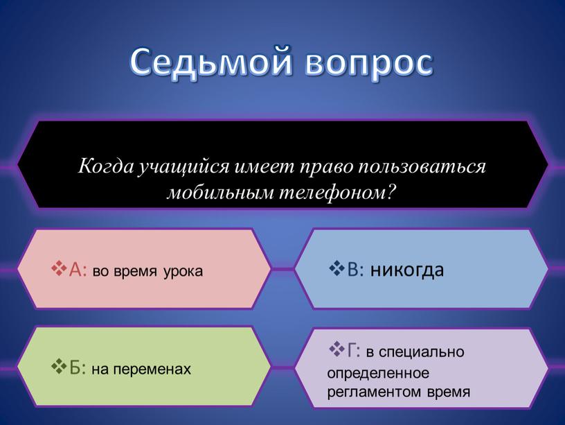 Седьмой вопрос Когда учащийся имеет право пользоваться мобильным телефоном?