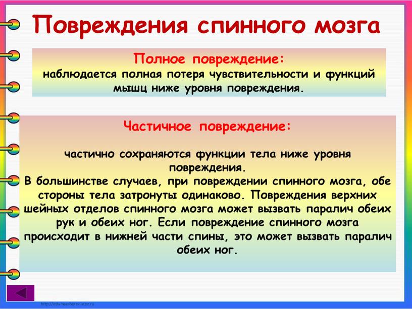 Повреждения спинного мозга Полное повреждение: наблюдается полная потеря чувствительности и функций мышц ниже уровня повреждения