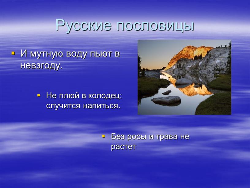 Русские пословицы И мутную воду пьют в невзгоду