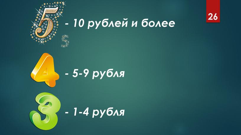 26 - 1-4 рубля - 10 рублей и более - 5-9 рубля